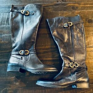 Naturalizer Wide Calf Comfort Black Leather Riding Boots with Buckle Accents
